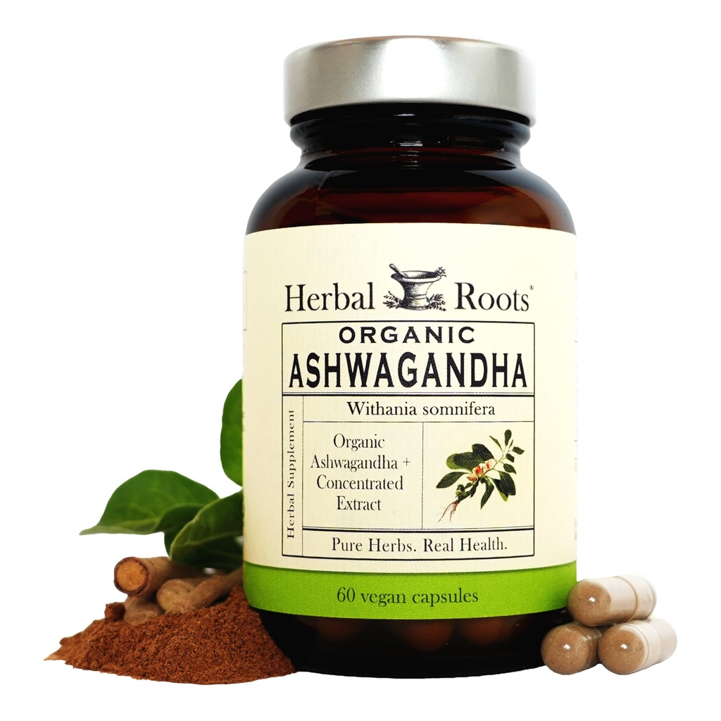 Herbal Roots Ashwagandha Capsules | Extra Strength 1000mg per Service | Ayurvedic for General Health for Men and Women | 60 Vegan Capsules