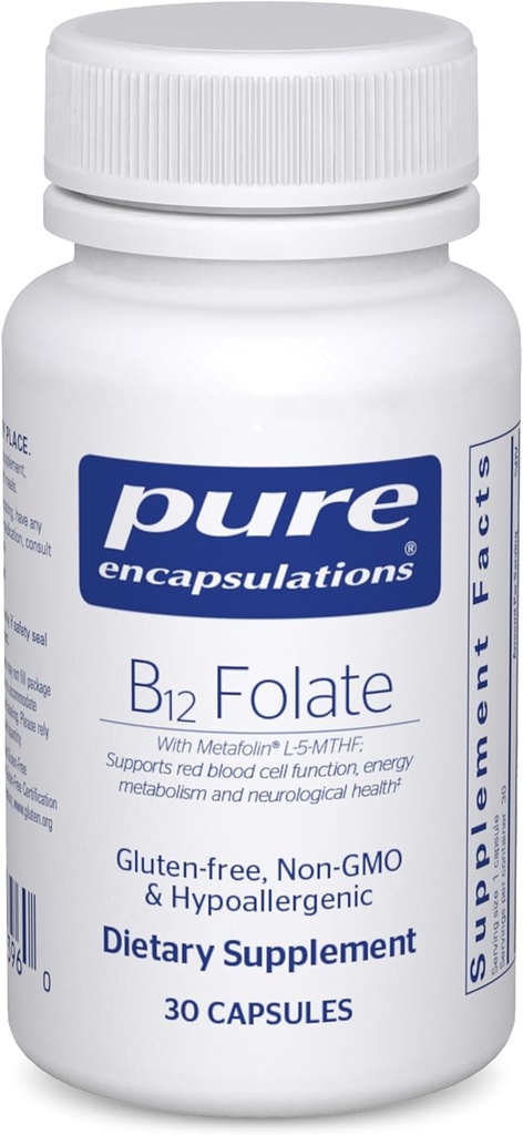 Pure Encapsulations B12 Folate - Συμπλήρωμα ενέργειας για την υποστήριξη των νεύρων, του μεταβολισμού ενέργειας & Γνωστική υποστήριξη * - με Φολικό βιταμίνης Β ως Metafolin - 30 κάψουλες