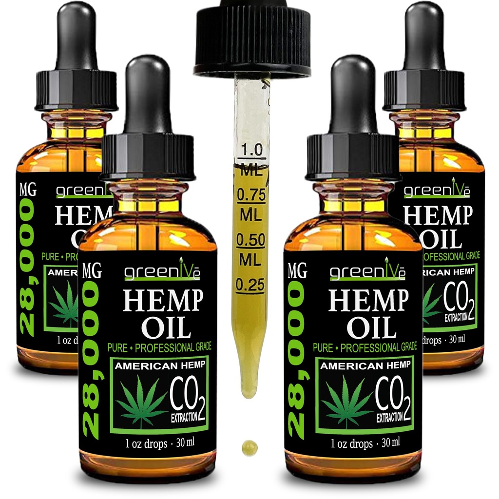 GreenIVe Hemp 28,000 mg Doğal olarak Büyüyen Hemp Oil Drops Vegan Omegas Natural Potent Sonuçlar (4 Paket)