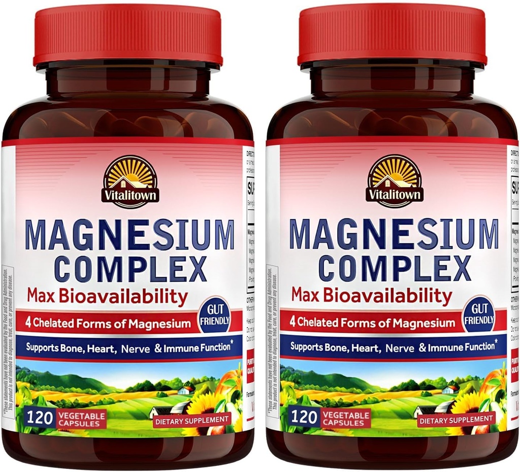 Vitalitown Magnesium Complex 2 συσκευασίες, 240 κάψουλες, NSF Certified Magnesium Glycinate, Malate, Taurate & Citrate, Chelated Forms, Υψηλή Απορρόφηση, Οστά, Καρδιά, Ύπνος & Πέψη
