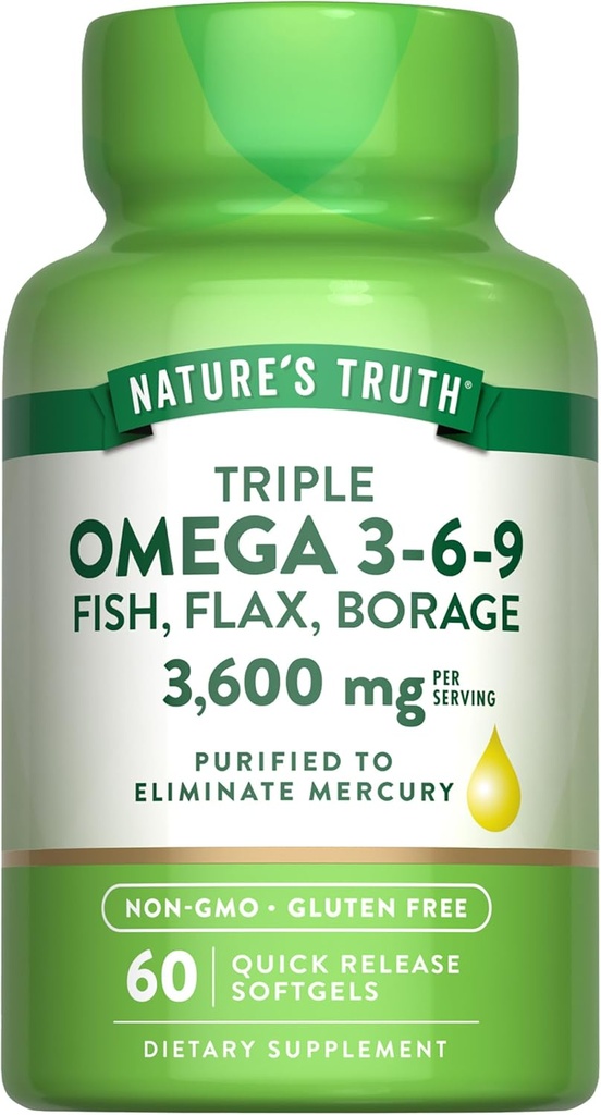 Nature's Truth Triple Omega 3-6-9 Softgels | 3600 mg | 60 Kont | Fish, Flax, Borage Oils | Non-GMO & Gluten Free Supplement Supplement