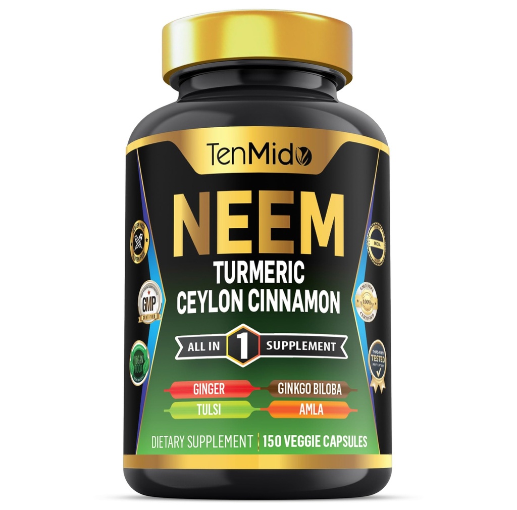Neem Leaf Supplement - 8in1 Formula - Turmeric, Ceylon Cinnamon, Ginger, Tulsi, Ginkgo Biloba, Amla ve Black Pepper - Immune Health Support - 150 Vegan Capsules