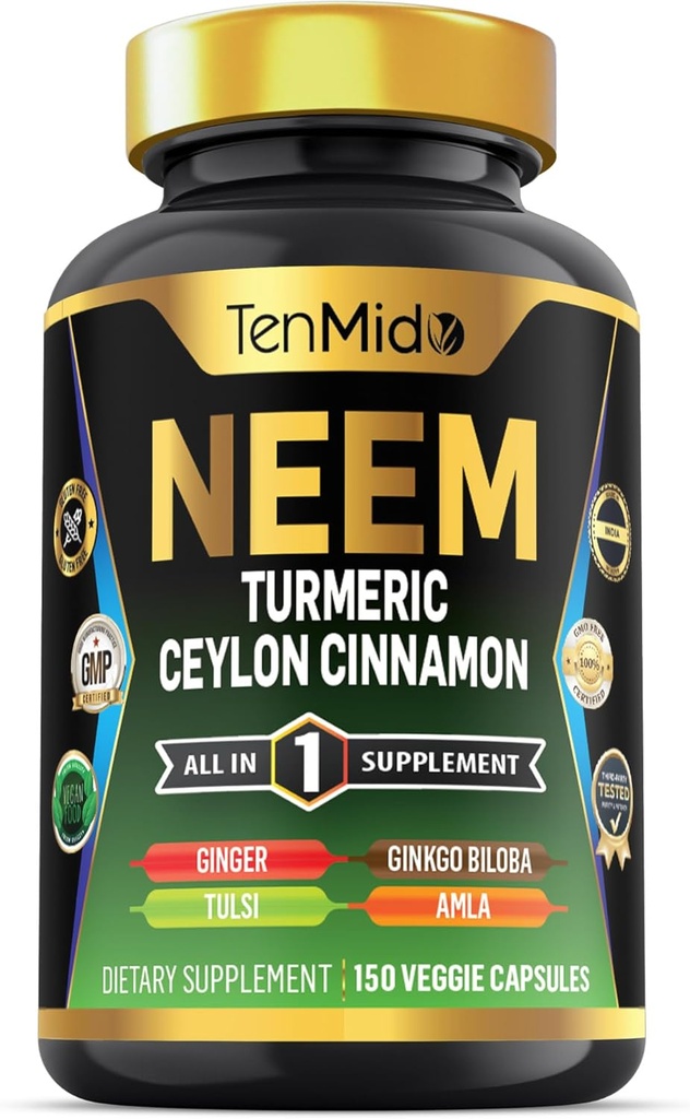 Neem Leaf Supplement - 8in1 Formula - Turmeric, Ceylon Cinnamon, Ginger, Tulsi, Ginkgo Biloba, Amla ve Black Pepper - Immune Health Support - 150 Vegan Capsules