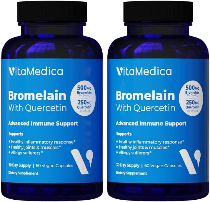 VitaMedica Bromelain & Quercetin Supplement - 500 mg Bromelain 250 mg Quercetin - 2400 GDU for Immunity, Ortak Destek, Inflammation and Muscle Recovery - 60 Vegan Capsules - 30 Hizmetler (2 Paket)
