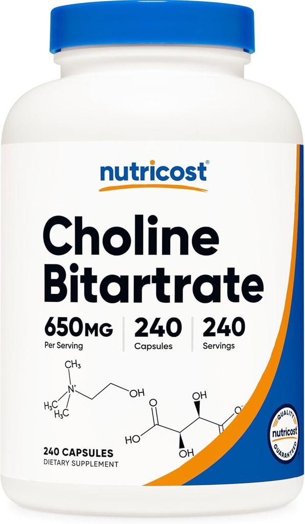 Nutricost Choline Bitartrate 650mg, 240 κάψουλες χορτοφαγίας - Μη ΓΤΟ, Φιλικοί χορτοφάγοι, Χωρίς γλουτένη