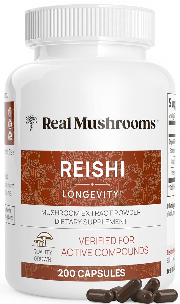 Real Mushrooms Reishi Mushroom Capsules - Handpicked Organic Mushroom Extracts - Red Reishi for Tranquil Daily Wellness için Doğrulanmış Beta Glucans Vegan, Non-GMO, Hayır, 200 ct