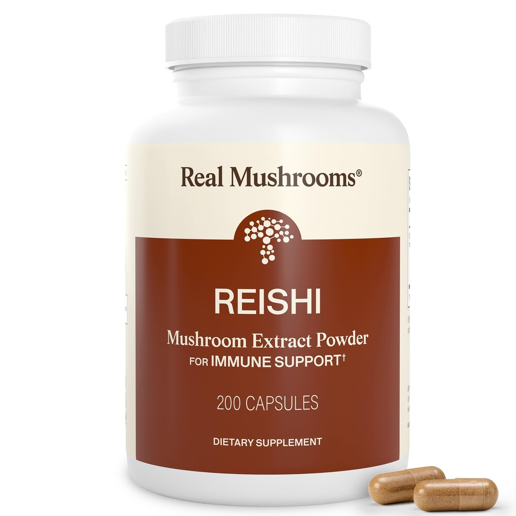 Real Mushrooms Reishi Mushroom Capsules - Handpicked Organic Mushroom Extracts - Red Reishi for Tranquil Daily Wellness için Doğrulanmış Beta Glucans Vegan, Non-GMO, Hayır, 200 ct