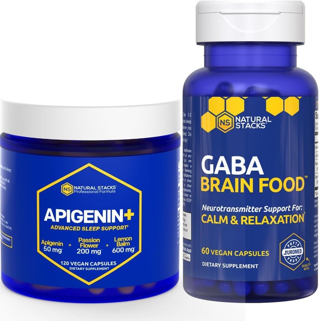 NATURAL STACKS GABA Brain Food + Apigenin Supplement for Sleep Sche - Supports Relaxation and Sleep* - 180 Total Capsules