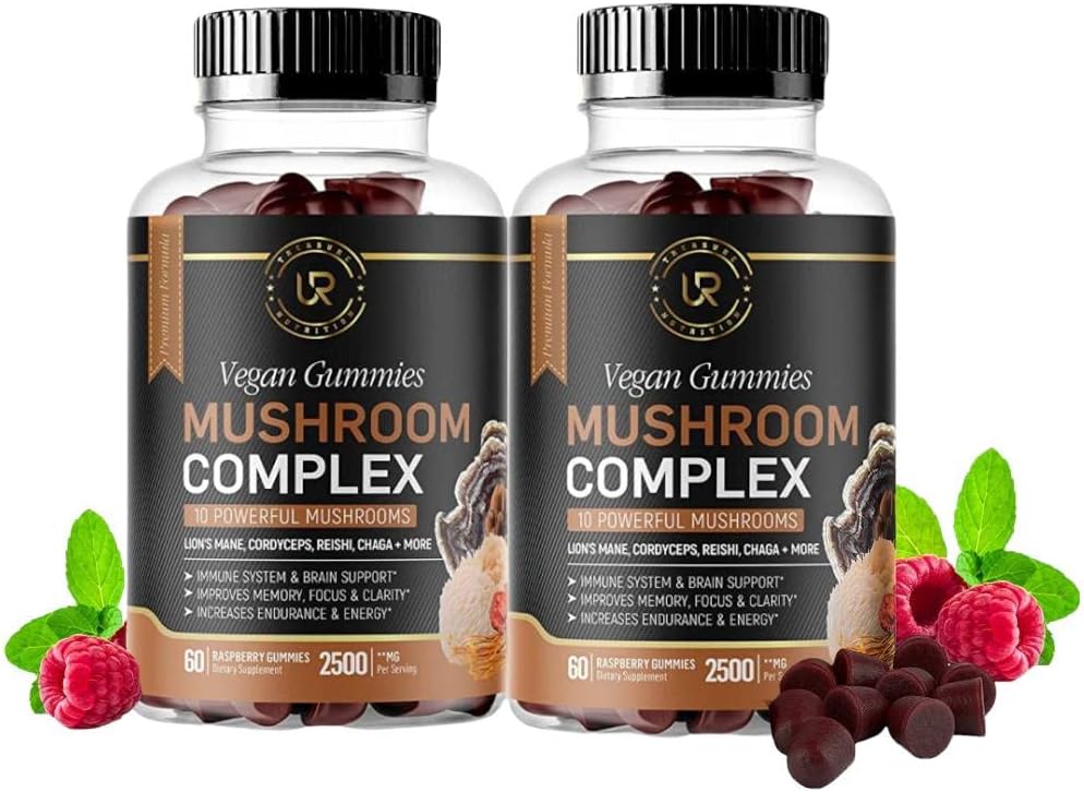 Mushroom Gummies | 10 Mushroom Supplement | 2 paket | Türkiye Tail, Chaga, Reishi, Cordyceps & Lions Mane Organic Mushroom Ekstraksiyonları, Nootropic Brain ATM for Focus, Memory, Clarity, Energy | 120ct