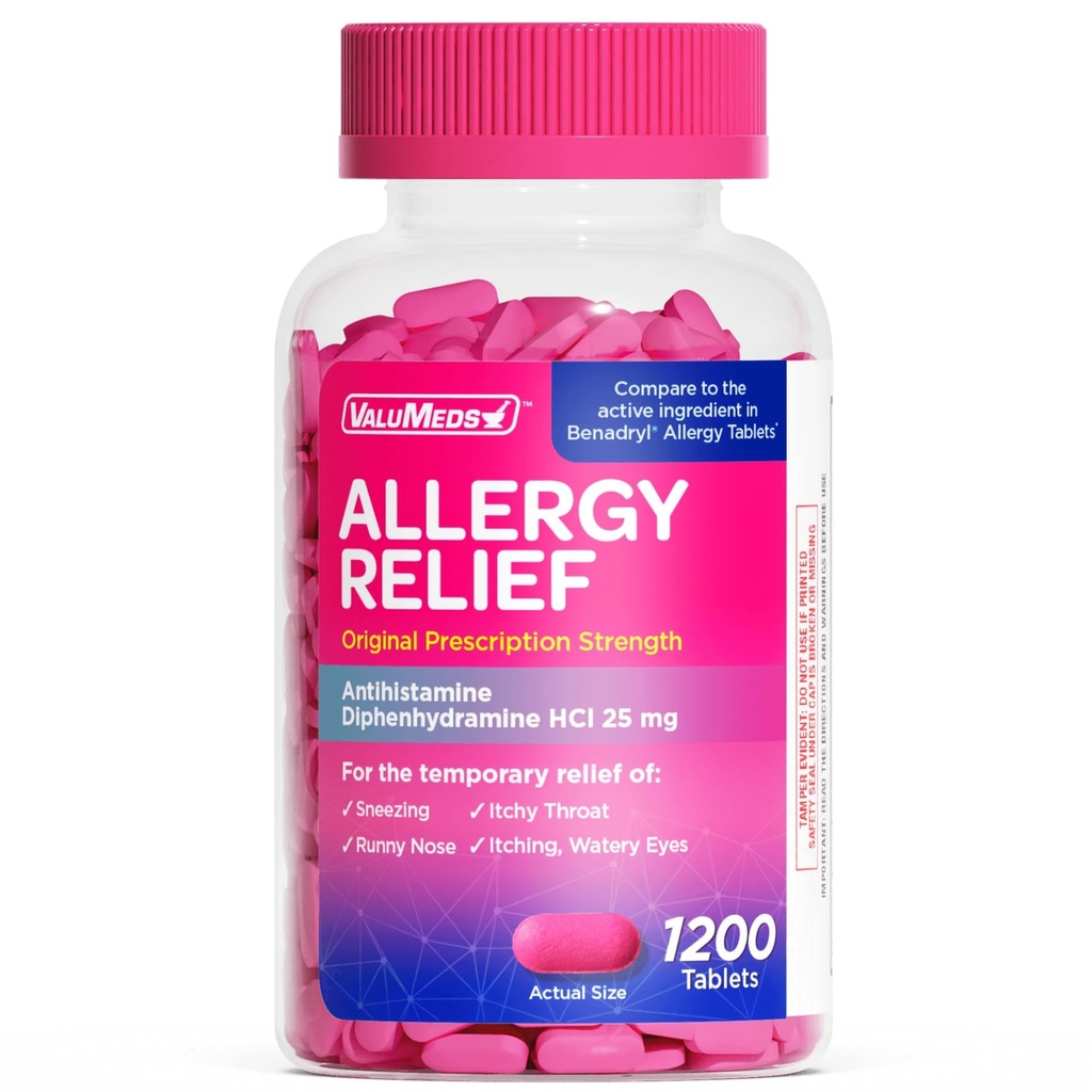 ValuMeds Antihistamine, Diphenhydramine HCl 25 mg | Çocuklar ve Yetişkinler | Relieve Itchy Gözler, Runny Nose, Sneezing (25 mg, 600)