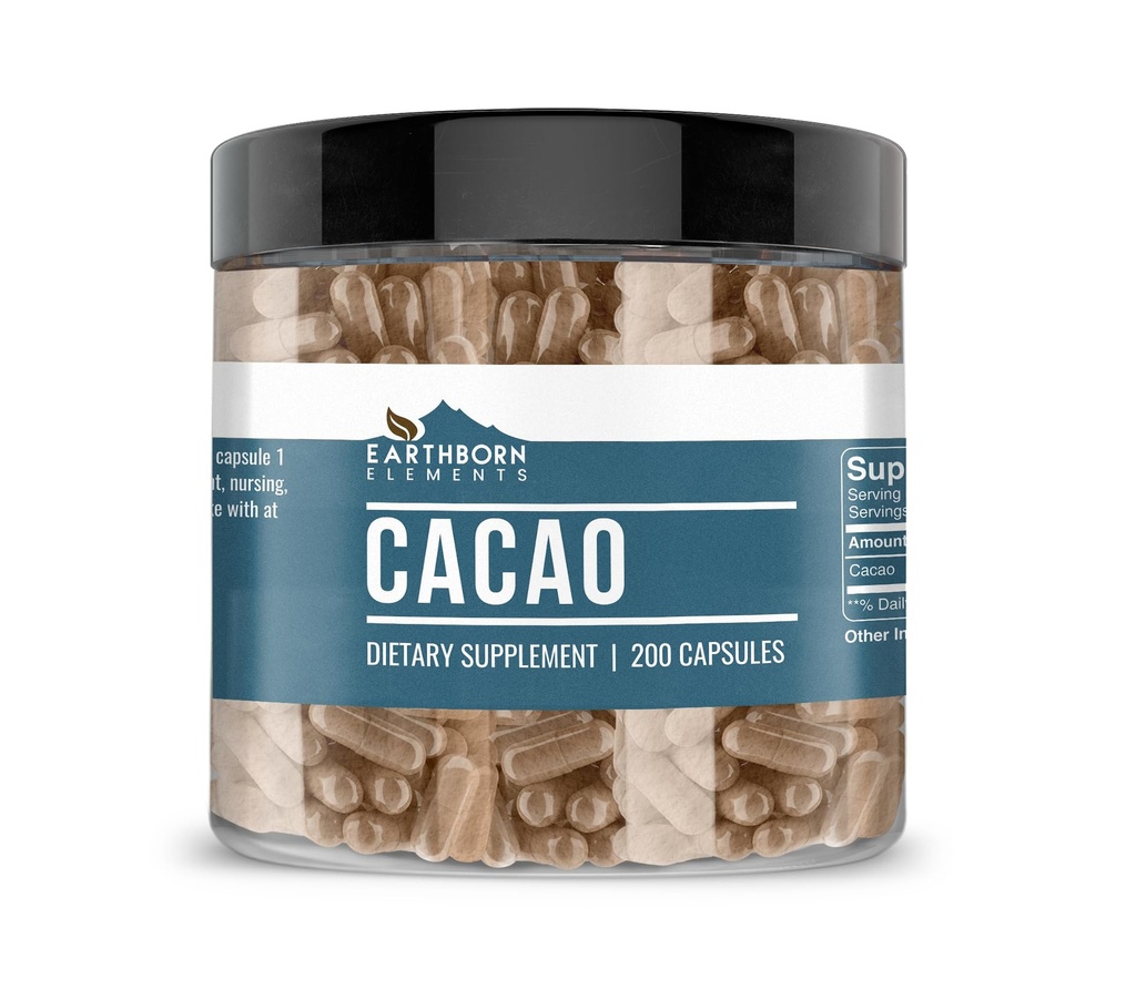 Earthborn Elements Cacao (Cocoa) 200 κάψουλες, καθαρό & μη αραιωμένο, χωρίς πρόσθετα