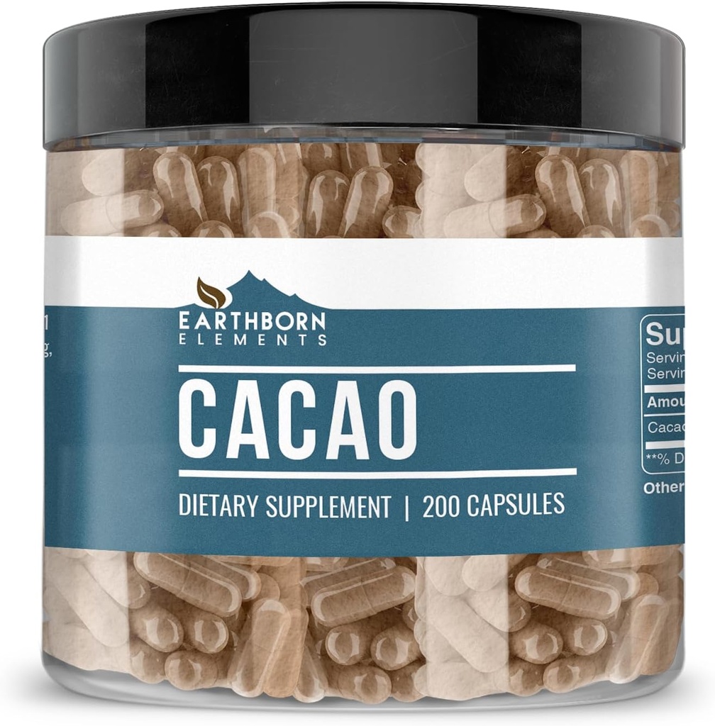 Earthborn Elements Cacao (Cocoa) 200 Capsules, Pure & Undiled, No Wordss