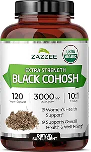 Zazzee USDA Organik Siyah Cohosh 10:1 Ekstraksiyon, 3000 mg Güçlü, 120 Vegan Capsules, 4 Ay Supply, Standartlaştırılmış ve Yoğun 10X Ekstraksiyon, %100 Vejetaryen, All-Doğal, Non-GMO, ABD'de Yap