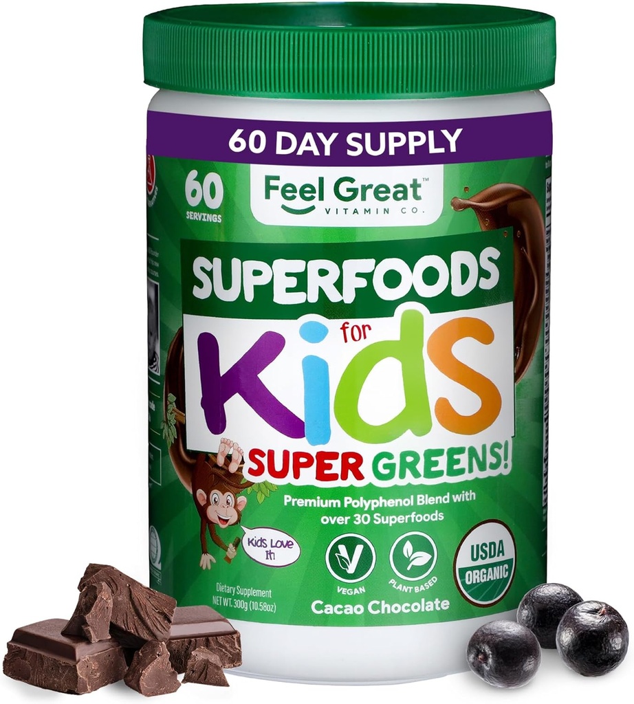 Great USDA Organic Super Greens Toz for Kids - Cocao Chocolate | Meyve & Veggie Supplement | Superfood Toz Probiyotiks & Digestive Enzymes for Digestive Health | 60 Days Supply