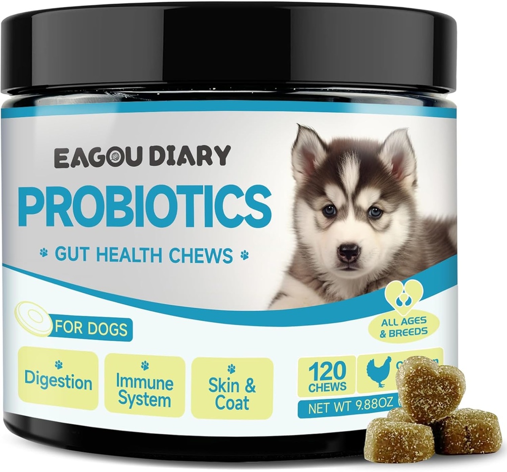 Eagou Diary Probiotics for Dogs - Probiotics σκύλου για Digestive Υγεία, Συμπληρώματα Υγείας με Πρεβιοτικά, Γάλα Κατσικιού, Ωμέγα 3, Βιταμίνες, Μασέσεις για Διαρροή Καναλιού, Στομάχι, Αέριο Ανακούφιση - 120 Ct