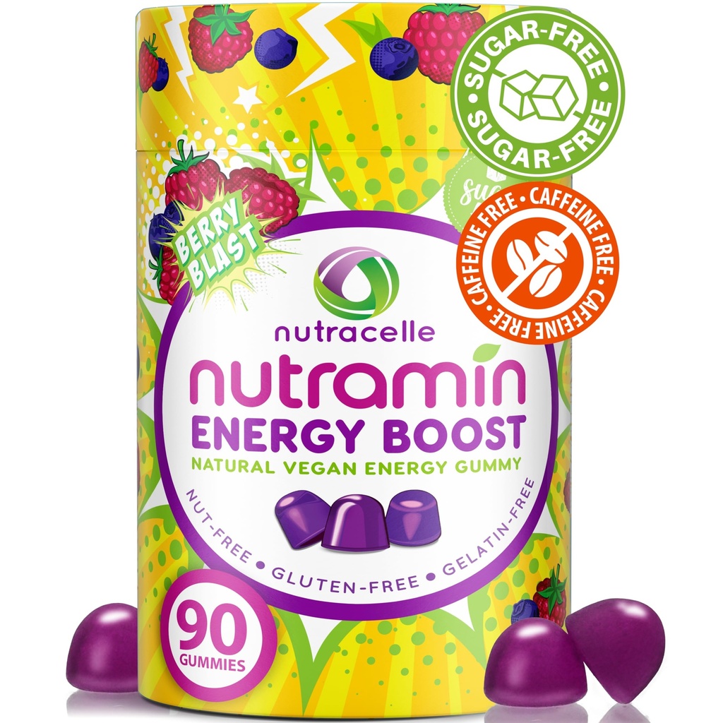 NUTRAMIN Energy Boost Vitamin Gummy - Skip The Coffee & Boost Your Energy, Caffeine-Free, Sugar-Free, Vegan, B12, Green Tea, Ashwagandha, Garcinia Cambogia, Raspberry Adaptogen - 90 ctt