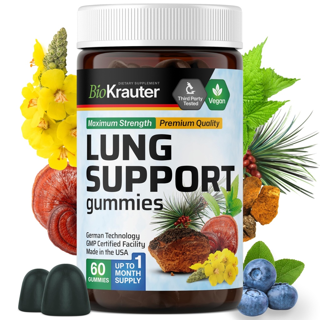 BIO KRAUTER Lung Detox Gummies - 60 Vegan Chews - Lung Cleanse Supplement w/Vitamin C & Mullein Leaf Mix - Respiratory Support