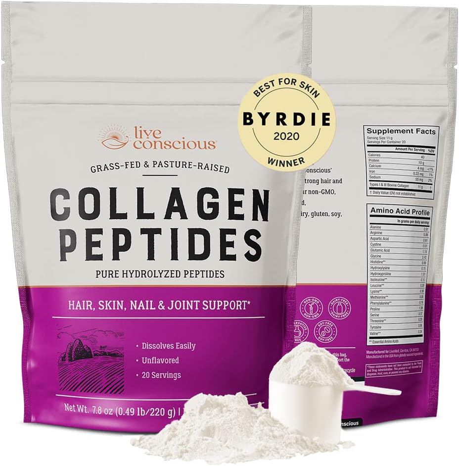 Live Conscious Collagen Toz Hidrolyzed Collagen Peptides Type I & III - Keto & Paleo Friendly - Unflavored - 20 Hizmet, 7.8 oz
