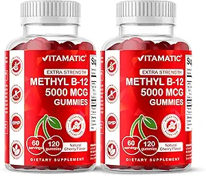 Vitamatic 2 Packs Ekstra Güçlü B12 5000 mcg (Methyl B12) Gummies - 120 Kont - Enerji Metabolism Desteği ve Nervous System Health Support, Natural Cherry Flavoreded