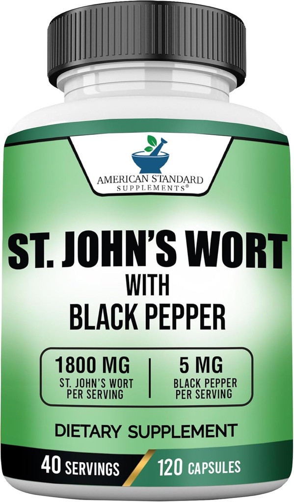 American Standard Supplements St. John's Wort 1800mg Per Black Pepper Fruit Extract - Vegan, Gluten Free, Non-GMO, 120 Capsules, 40 Hizmetler