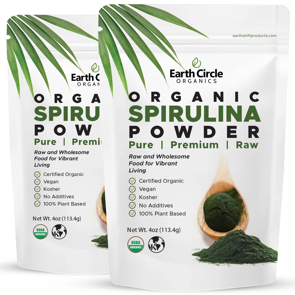 Earth Circle Organics Spirulina Toz, Kosher, Raw ve Non-Irradiated | Pure Vegan protein | Premium Superfood, Yüksek nükleik asitler ve Antioksiler - 4 Ounce (2 Packs)