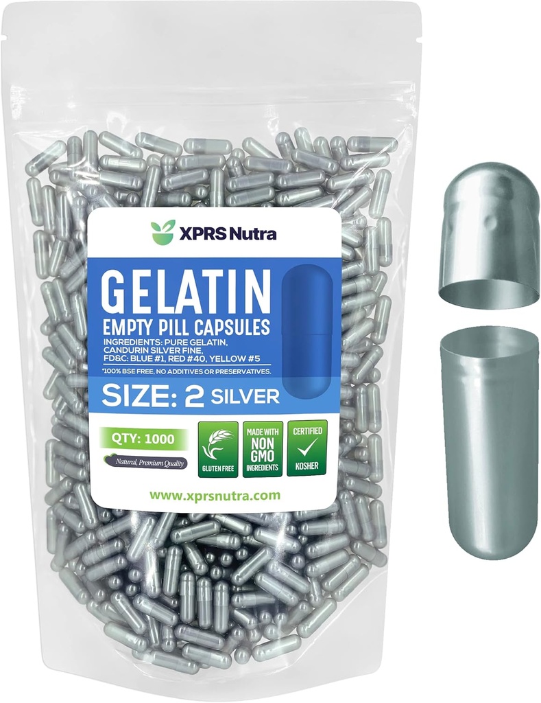 XPRS Nutra Boyutu 2 Boş Kapsüller - 1000 Kont Boş Gelatin Capsules - Pills DIY Capsule - Pure Bovine Pill Gel Caps For Do-It- Yourself Supplements (Silver)