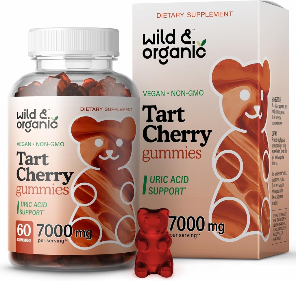 Vahşi & Organik Tart Cherry Gummies 7000 mg - Uric Level Desteği için Tart Cherry Ekstra Supplement - 60 Vegan, Non-GMO Chews