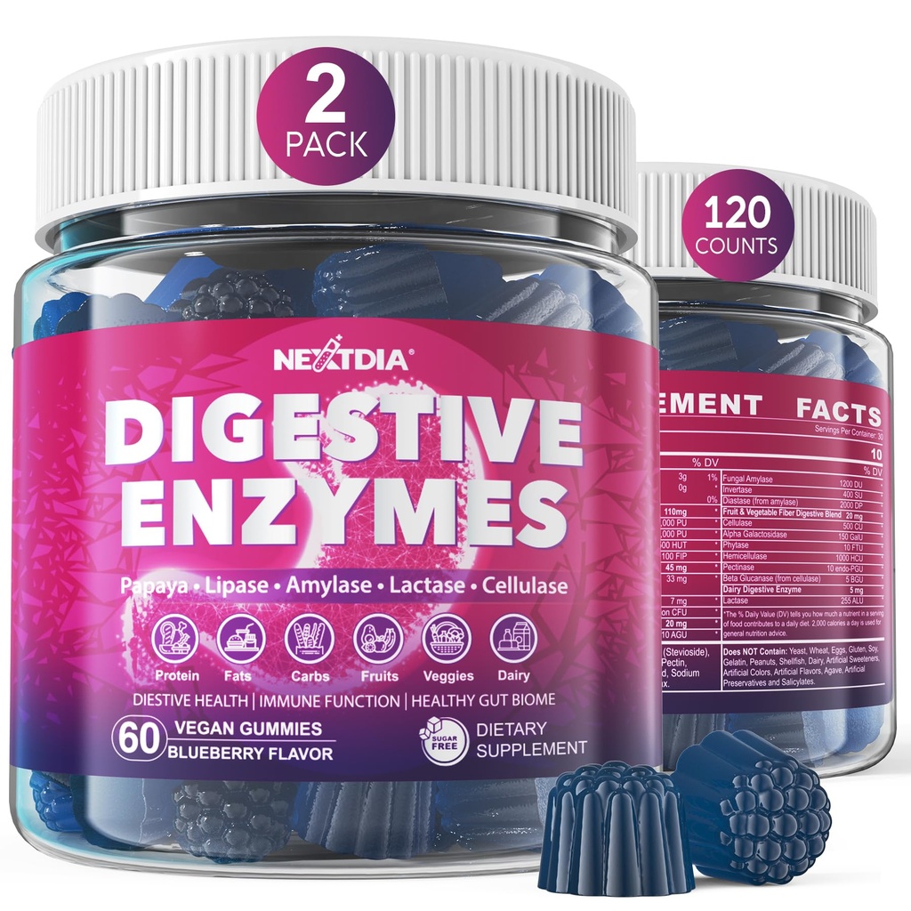 Digestive Enzymes for Women & Men Gummies w/ Probiotics, Papaya, Bromelain, Ginger - Bloating Relief & Gut Health Chewable Supplement Digest Proteins Γαλακτοκομικά Carbs Veggie Fats, Sugar Free Vegan, 120Cts