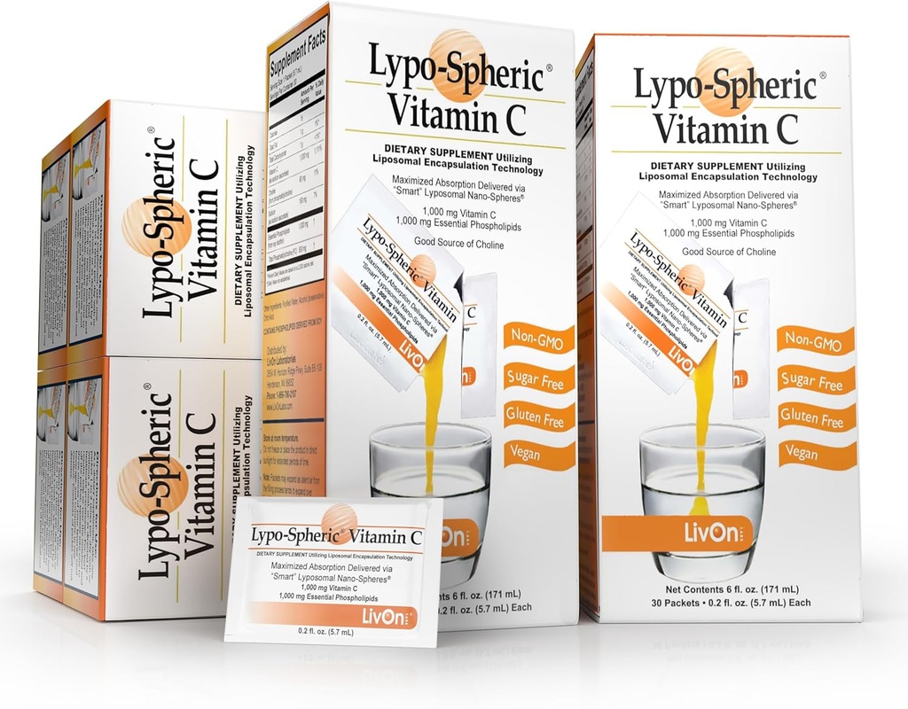 LivOn Laboratories Lypo-Spheric Vitamin C - 6 PPs (180 Packets) - 1.000 mg C & 1000 mg Essential Phospholipids Per Packet - Liposome Encapsated for I improve Abors –% 100 Non-GMO