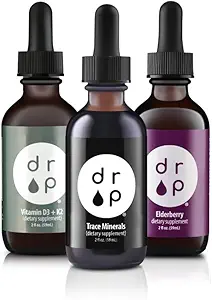 Drop Supplements Organic Trace Mineral Drops, Elderberry Drops ve Vitamin D3+K2 Drops