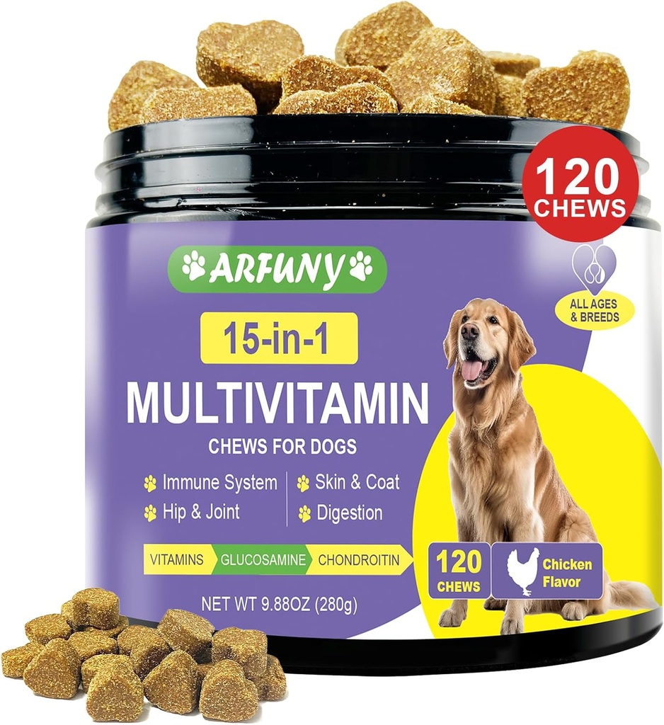 1 Dog Multivitamin Supplement - Immune System için Köpek Vitaminleri, Digestion, Hip & Ortak, Skin & Coat - Essential Vitaminler, Glucosamine & Chondroitin - Tavuk Flavor, 120 Chews