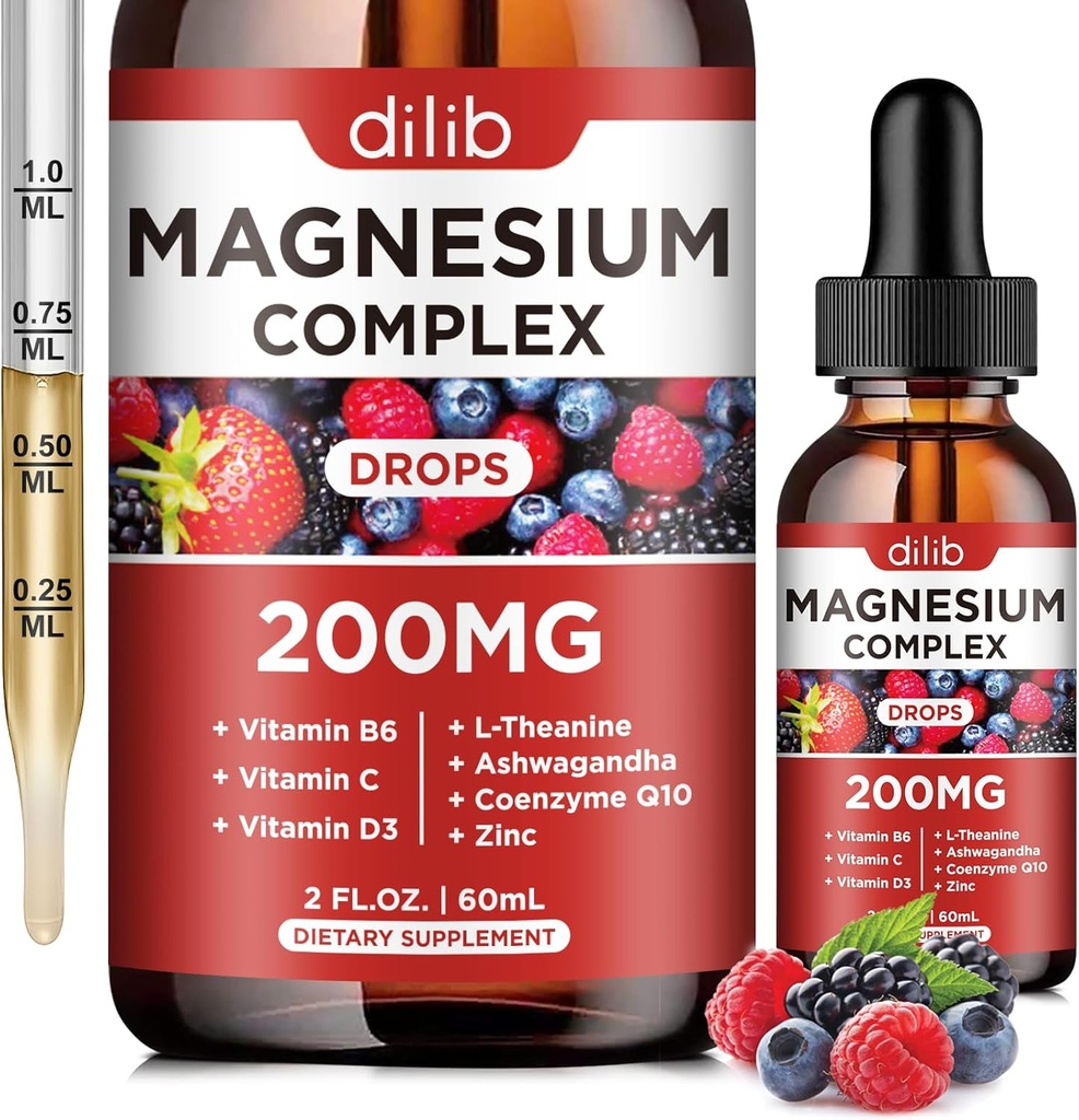 Triple Complex Supplement, Magnezyum Glycinate, threonate, Citrate Liquid Drops 200 mg with Ashwagandha, CoQ10, Vitamin B6, C, D, çinko - Vegan Mix Berry Flavor