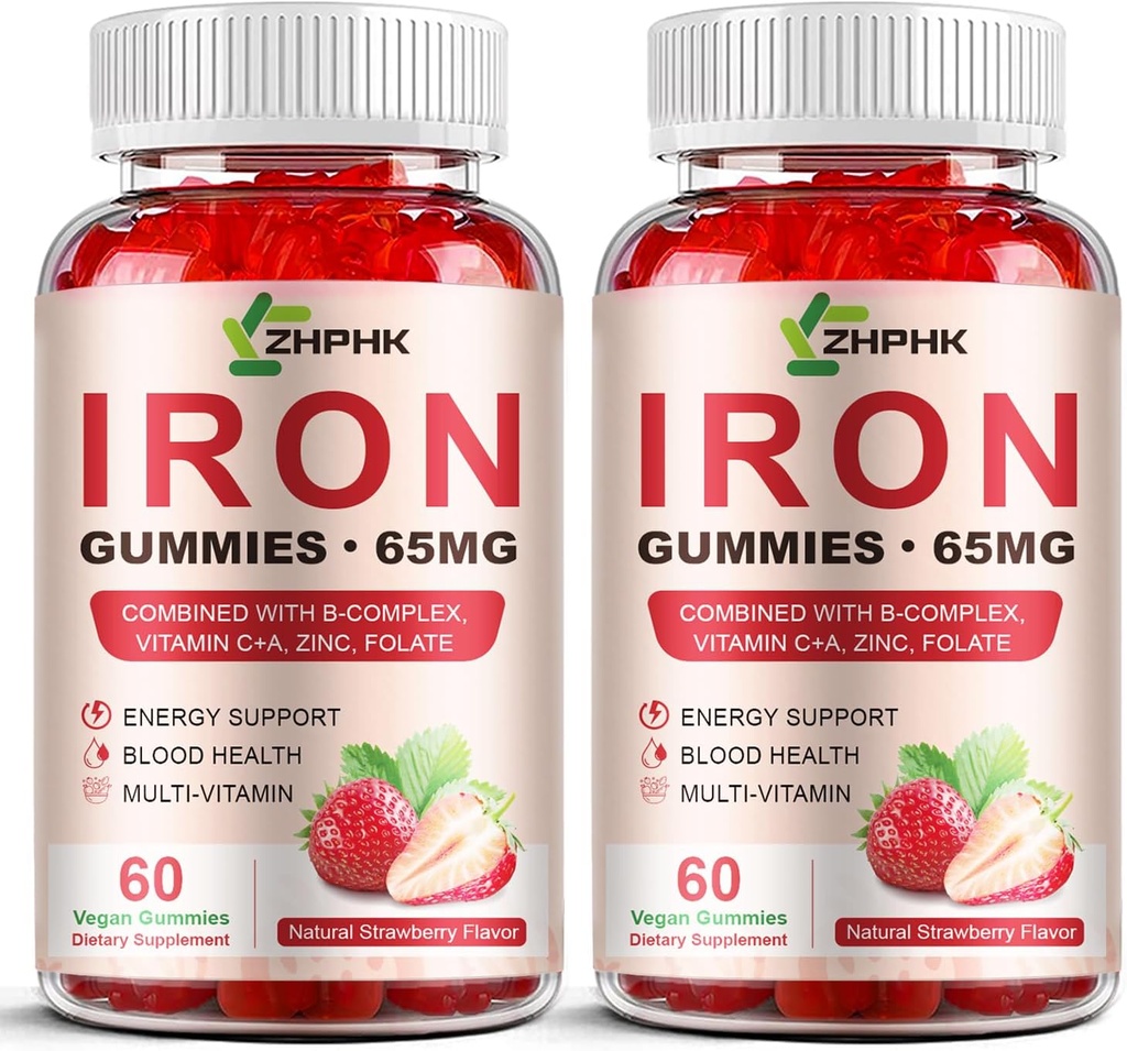 Iron Supplement Gummies for Women, Men & Kids, 65mg Iron & 250mg Vitamin C per Serving - Healthy Blood, Energy & Immune Support Iron Vitamin Gummy with Folate, 2 Pack
