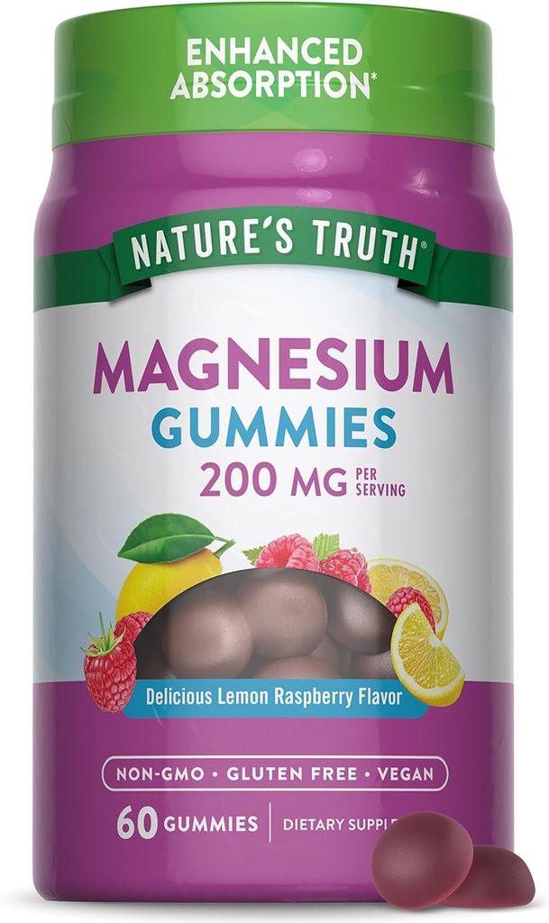Nature's Truth Magnezyum Gummies for Yetişkinler | 200 mg | 60 Kont | Vegan, Non-GMO & Gluten Free Supplement | Geliştirilmiş Abpole Magnezyum Citrate