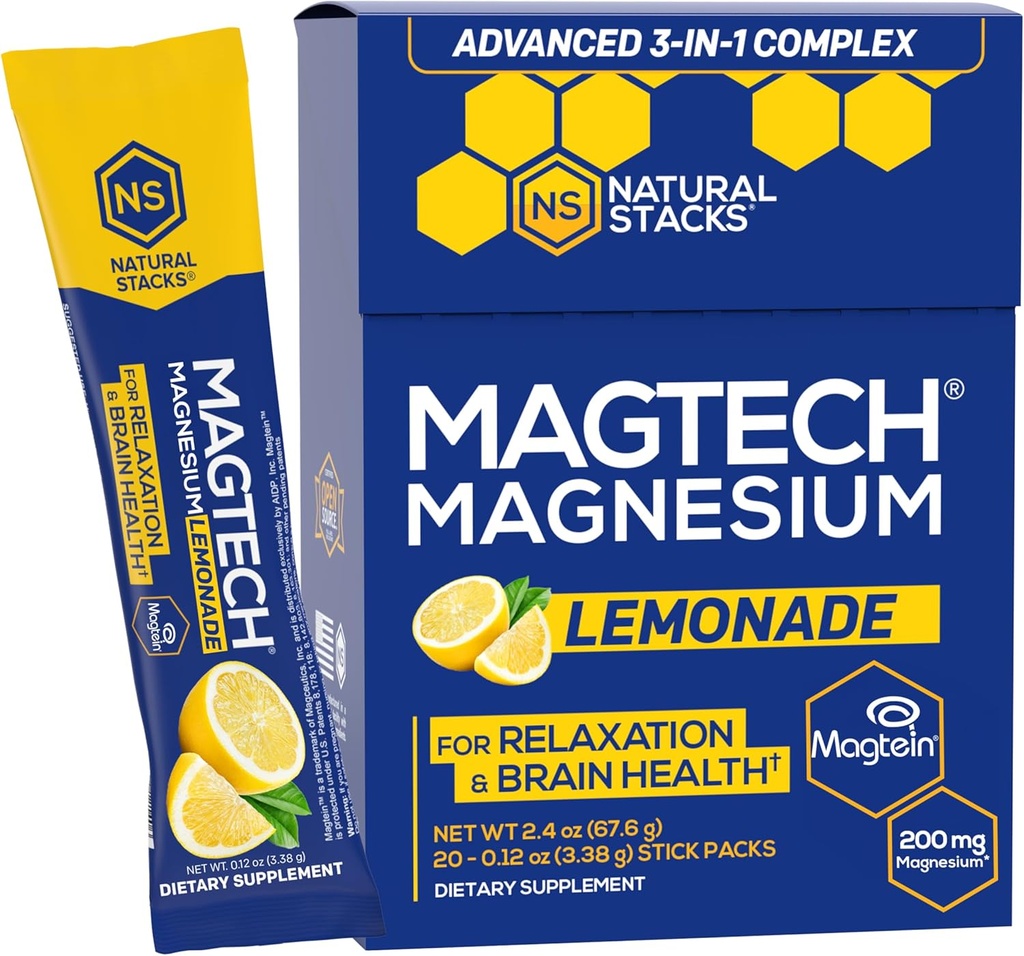 MagTech Magnezyum Drink Mix - Sugar Free Lemonade - 3 Forms of Magnezyum: Magtein L-Threonate, Glycinate & Taurate - 200 mg Chelated Magnezyum Kompleksi - Destekler Rahatlama ve Beyin Sağlığı - 20 Hizmet