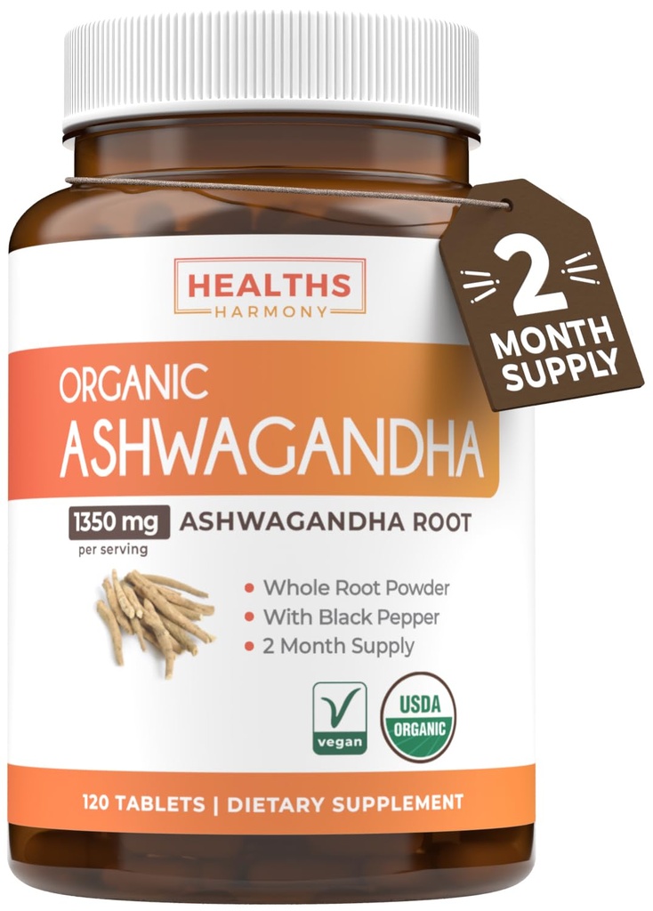 USDA Organik Ashwagandha Supplement - Yüksek Potency Ashwagandha Pills, Gelişen Aborps için Organik Siyah Pepper ile Yapıldı - Vegan Non-GMO ABD ve Lab'da Gerçekleştirilmiş (2 Ay Supply)