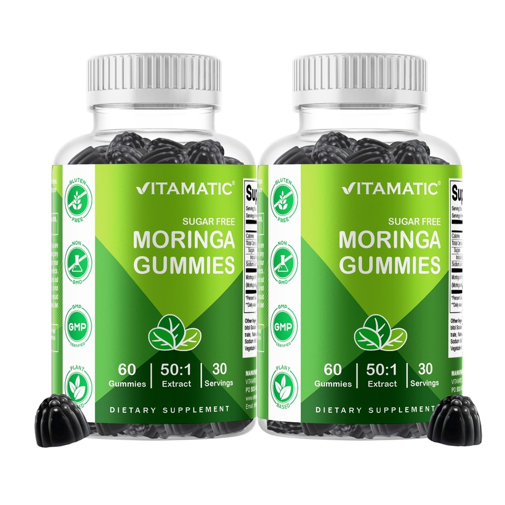 Vitamatic 2 συσκευασίες Χωρίς ζάχαρη Moringa Gummies - 10000 mg Ισοδύναμο ανά υπηρεσία (από 50:1 εκχύλισμα 200 mg) - Πλήρης Πράσινη Superfood εκχύλισμα 20X - 60 Pectin Based Gummies