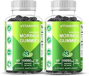 Vitamatic 2 Packs Sugar Free Moringa Gummies- 10000 mg Equivalent Per Service ( 50:1'ten 200 mg)- Tamam Yeşil Superfood 20X Ekstraksiyon - 60 Pectin Temel Gummies - 60 Pectin