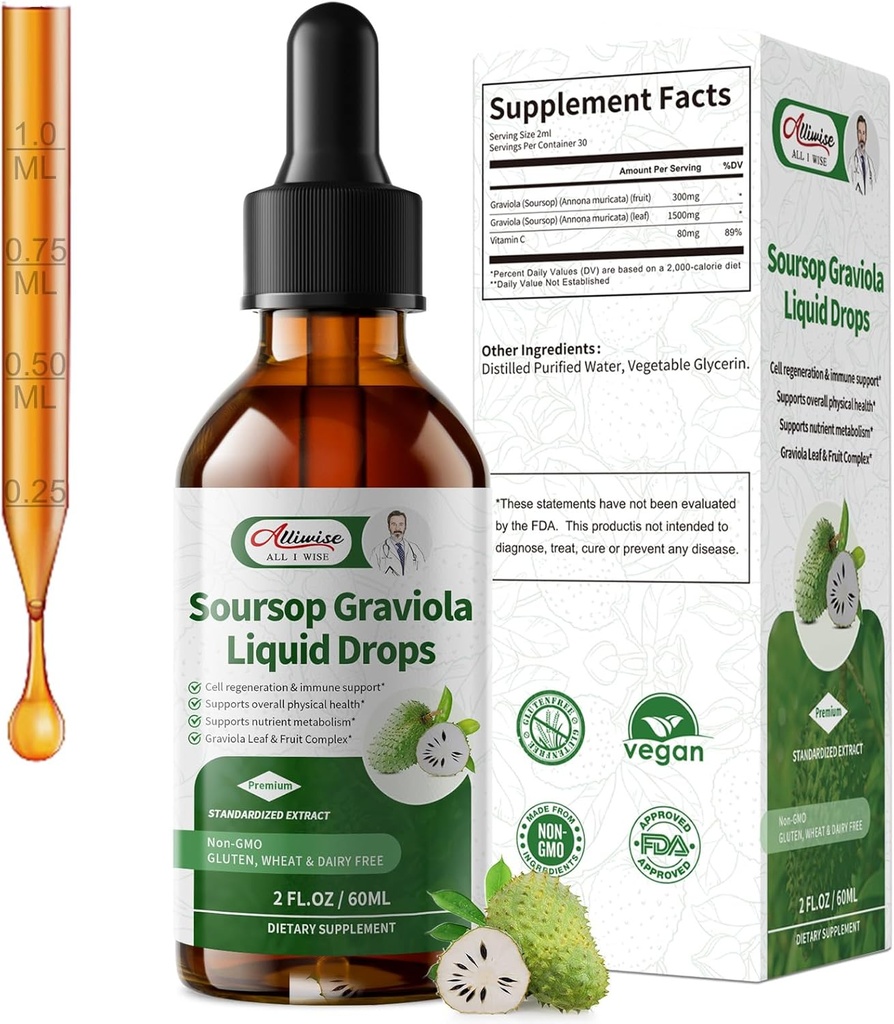 Soursop Graviola Liquid Drop, High Abors Form Soursop Leaves & Fruit Kompleksi, Hücre Rejenerasyonu ve Immune Support & Digestive Bitters - Vegan Sour SOP Bitters - 2 Fl oz