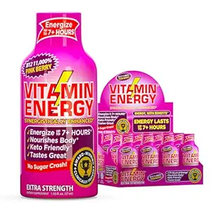 Vitamin Energy B12 11,000% Extra Strength Energy Shot Pink Berry 12 Pack, 260mg Natural Caffeine, B12 & B6, Nootropic Focus, Vitality, Zero Sugar, Gluten-Free, Vegan, Kosher, 1.93 fl oz