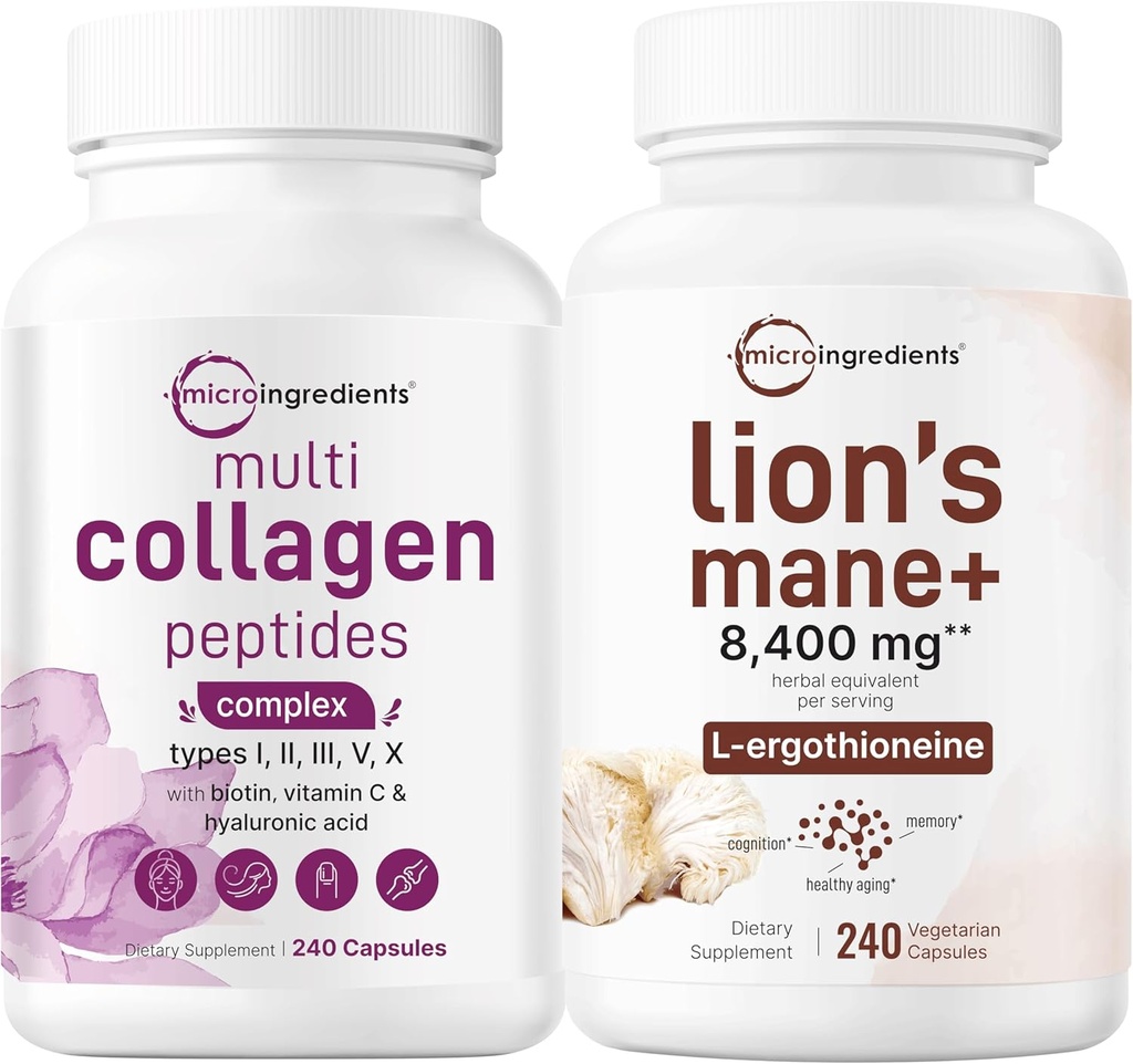 Kadınlar ve Lions Mane Supplement 240 Veggie Capsules Sche 2 Pack | Grass-Fed Collagen Peptides | Superfood Mushroom Antioksis L-Ergothioneine