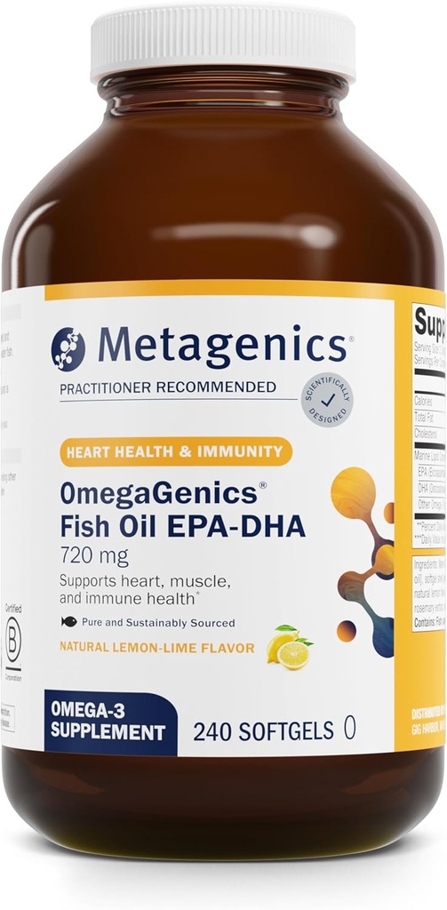 Μεταγονική OmegaGenics Fish Oil EPA-DHA 720 mg - Συμπλήρωμα Ωμέγα-3 Fish Oil - Υψηλή ισχύς - για την υγεία της καρδιάς, τη μυοσκελετική υγεία και το ανοσοποιητικό σύστημα * - με DHA & EPA - 240 Softgels