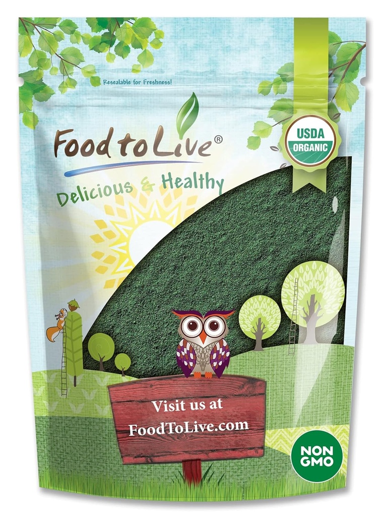 Yiyecek to Live Organic Spirulina Toz, 1 Pound – Non-GMO, Kosher, Raw Blue-Green Algae, Vegan Superfood, Bulk, Non-Irradiated, Pure Vegan Green Protein, Vitamins & Minerals, Great for Drinks