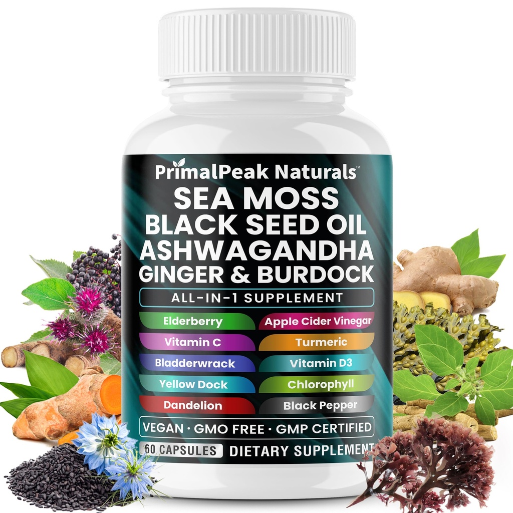 Sea Moss Black Seed Oil Ashwagandha Ginger Burdock Bladderwrack Turmeric & Vitamin C Vitamin D3 με ACV Elderberry Chlorophyl Dandelion Yellow Dock Vegan Κάψουλες - 60 Count