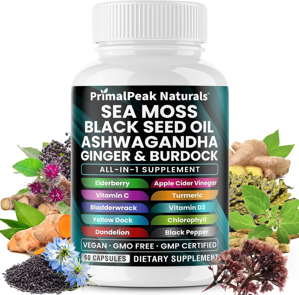 Sea Moss Black Seed Oil Ashwagandha Ginger Burdock Bladderwrack Turmeric & Vitamin C Vitamin D3 με ACV Elderberry Chlorophyl Dandelion Yellow Dock Vegan Κάψουλες - 60 Count