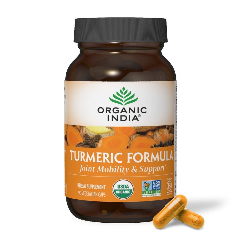 ORGANIC INDIA Turmeric Curcumin with Black Pepper - Organik Turmeric Supplement and Curcumin Supplement, Turmeric Capsules, Ortak Destek & Immune System Support, Whole Root, Trikatu - 90 Capsules