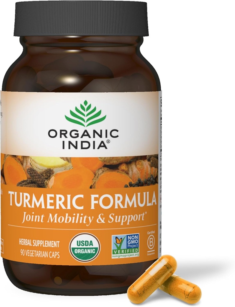ORGANIC INDIA Turmeric Curcumin with Black Pepper - Organik Turmeric Supplement and Curcumin Supplement, Turmeric Capsules, Ortak Destek & Immune System Support, Whole Root, Trikatu - 90 Capsules