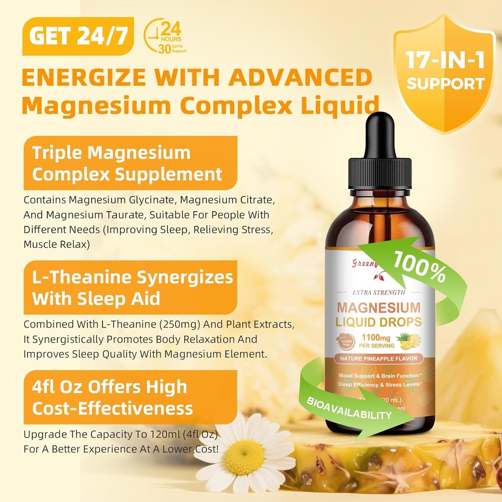 GREENPEOPLE Magnezyum Glycinate Liquid Drop - 17-in-1 4Fl. Oz Triple Magnezyum Kompleksi Glycinate 400 mg & Citrate 500 mg Taurate/L-Theanine for Calm Mood/Muscle/Sleep,Pineapple Flavor