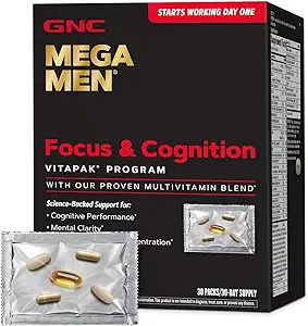 GNC Mega Men Focus and Cognition Vitapak Program, Convenient, Complete Nutrition, 3 Προϊόντα σε 1 Πακέτο, Καθαρότητα, Εστίαση, Ενέργεια, Συγκέντρωση, Λειτουργεί την πρώτη ημέρα, 100mg καφεΐνη, 30 ημερήσιες συσκευασίες