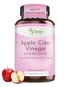 Pure By Nature Apple Cider Vinegar + Probiyotik for Women & Men, Raw Apple Cider Vinegar Pills for Kilo Management Support & Cleanse Support (120 Capsules)